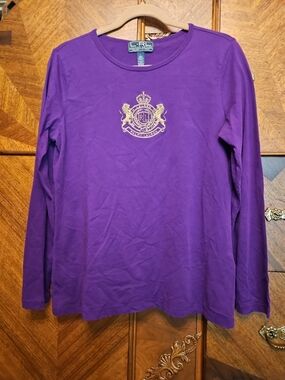 Ralph Lauren RL Womens Size Large Purple Long Sleeve Tee with Crest